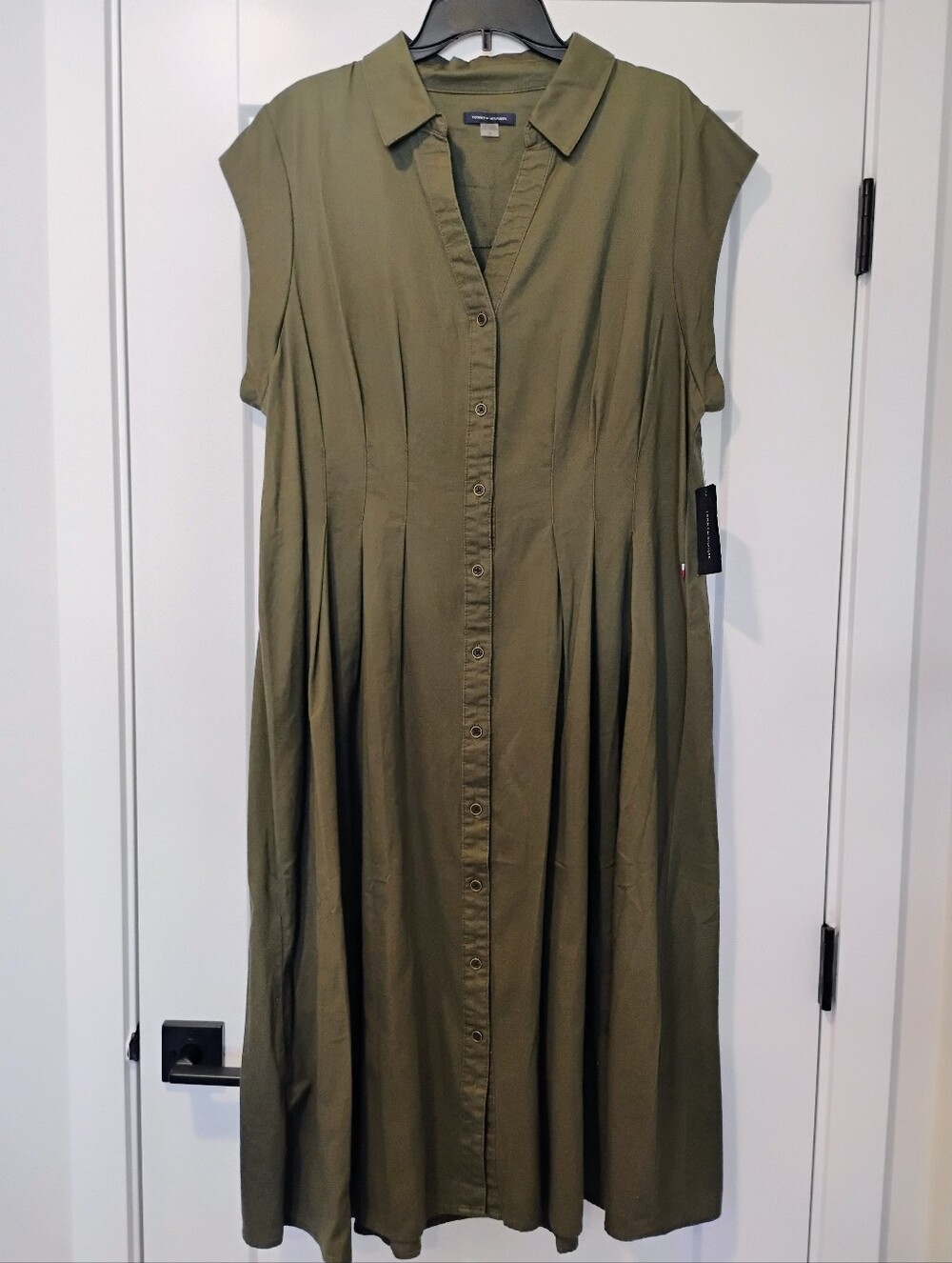 NWT 16 Tommy Hilfiger Olive Green Button Front Midi Cap Sleeve Shirt Dress NEW